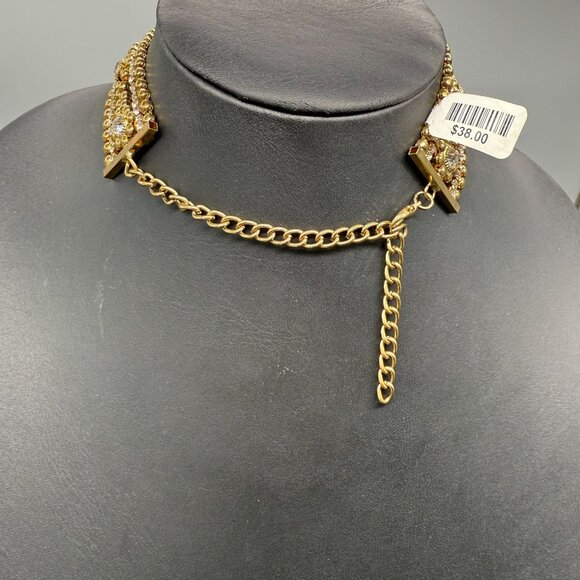 Clear Rhinestone Crystal Beaded Collar Choker Necklace Gold Tone Evening - Picture 6 of 7